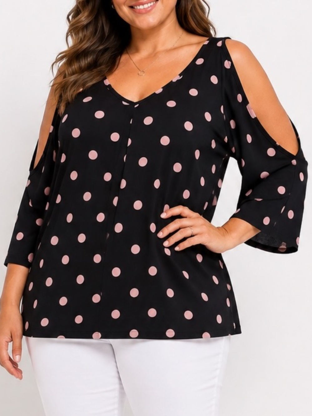 Suzy Shier Blouse Womens Size Medium Black Pink Polka Dot Peek a Boo Sleeve